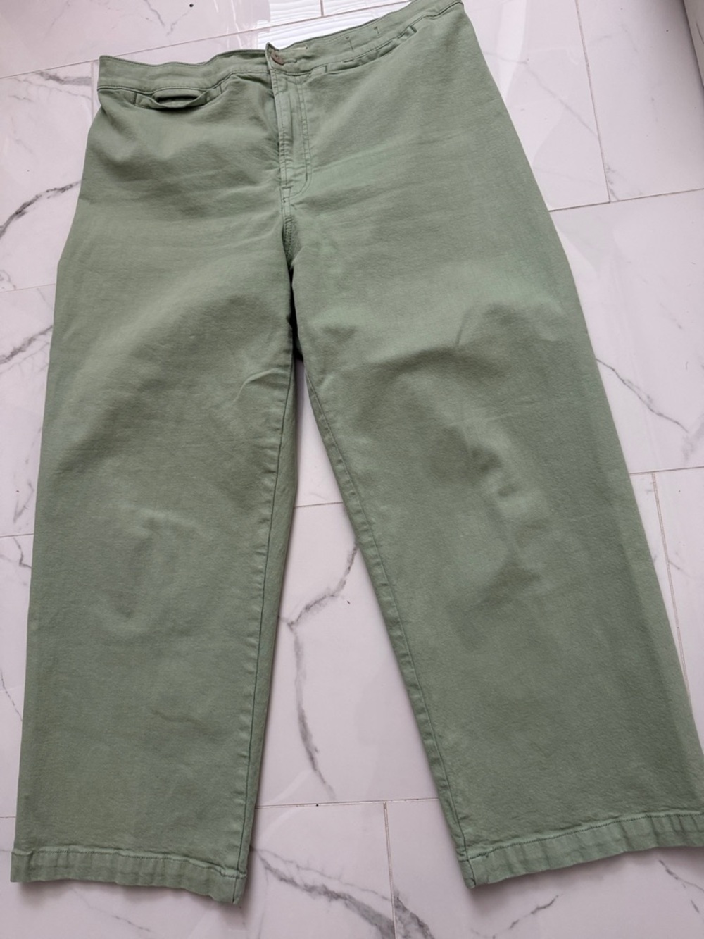 Madewell Petite Curvy Emmett Wide-Leg Crop Pants in a pistachio green color.